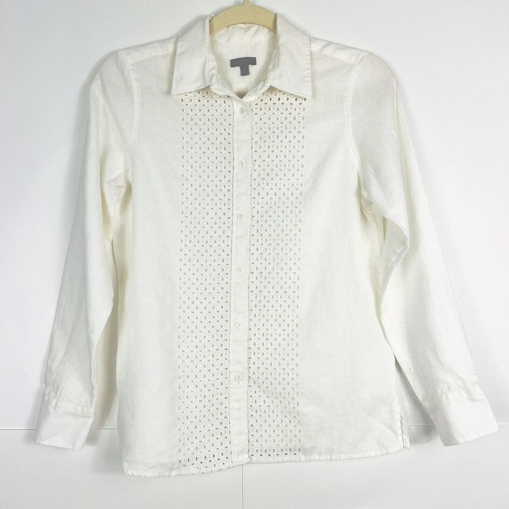 Talbots 100% Linen Women XSP? Eyelet White Button Down LS Blouse Shirt Relaxed